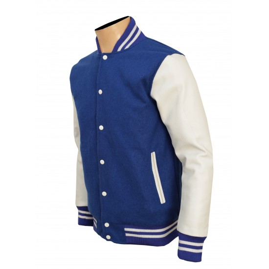 Blue leather varsity jacket for men