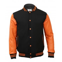 black and orange color varsity jacket with leather sleeve