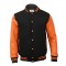 black and orange color varsity jacket with leather sleeve