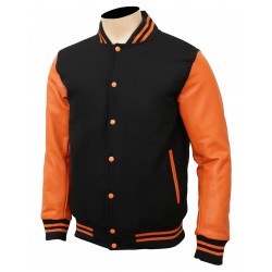 black and orange color varsity jacket with leather sleeve