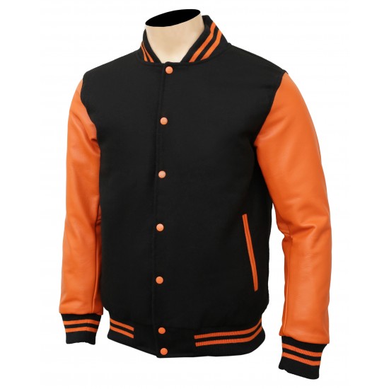 black and orange color varsity jacket with leather sleeve