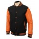 black and orange color varsity jacket with leather sleeve