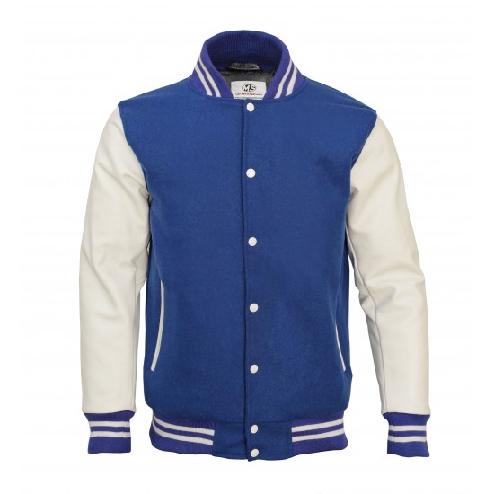 Blue leather varsity jacket for men